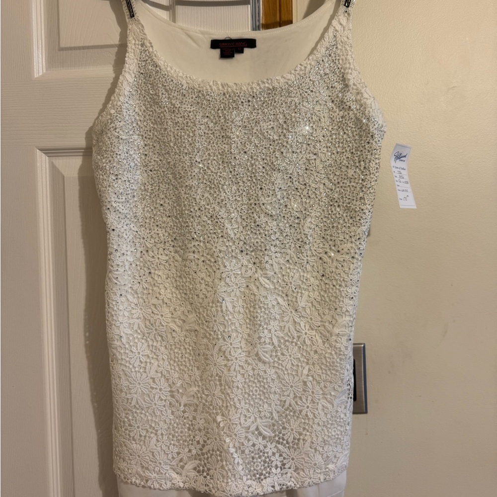 Simon Chang White Beaded Sleeveless Top